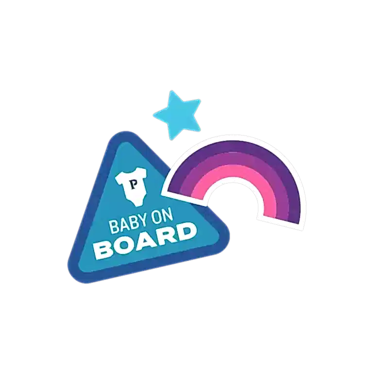 "baby on board" blue and white sign with a purple and pink rainbow and blue start
