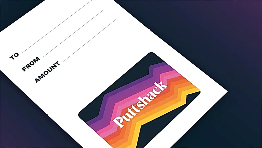 Puttshack gift card display with "To, From and Amount"